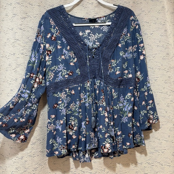 torrid Tops - Torrid Indigo Floral Long Sleeve Blouse with Crochet and Lace Detail
